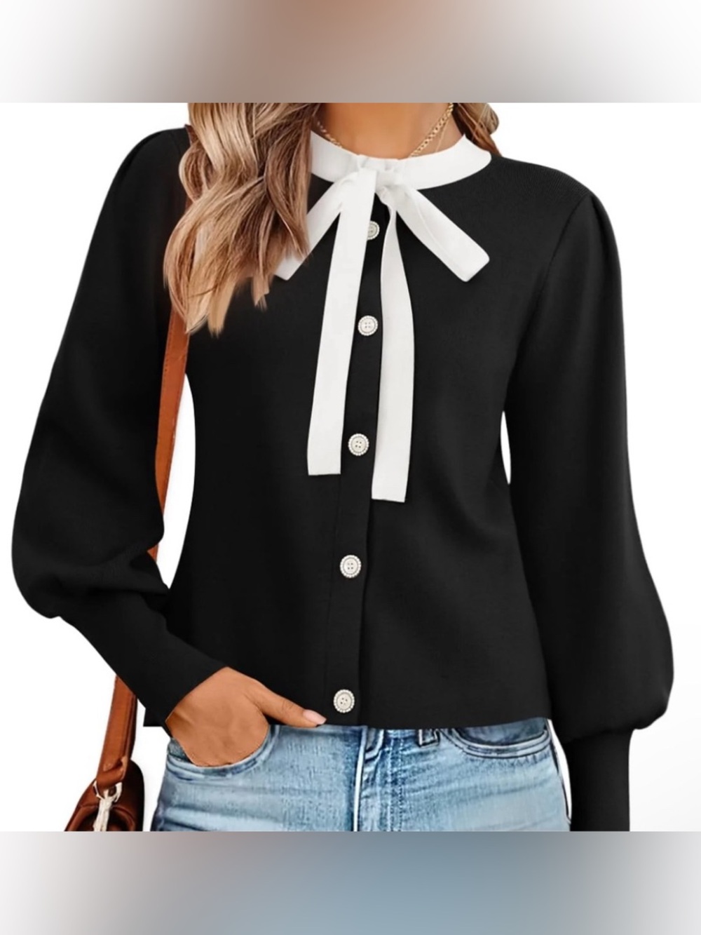 Zesica Lantern Sleeve Bow-Detail Button Cardigan with White Trim Small